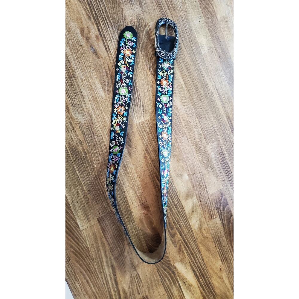 Women L Black Leather Belt Floral Embroidery Brass Buckle Western Cowboy